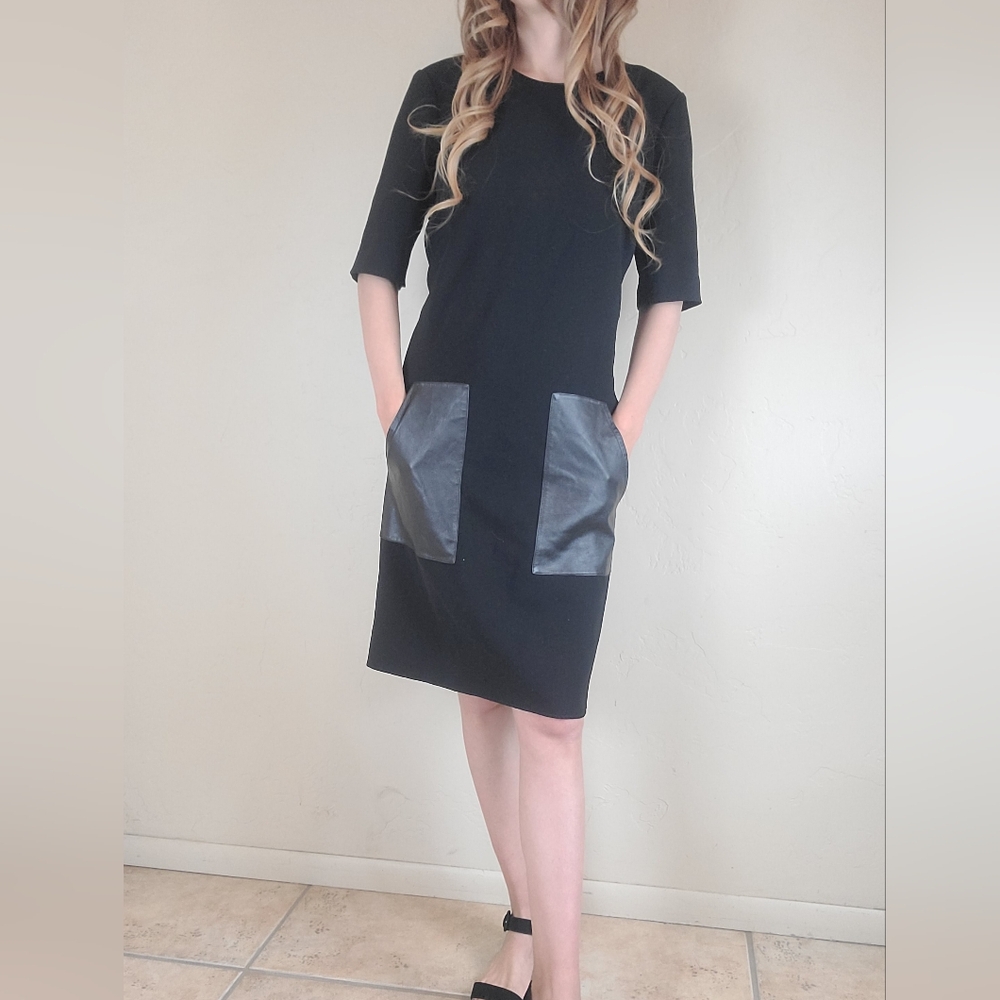 Polo Ralph Lauren Black Work Dress Size 12 Knee Length Leather Pocket Blue Label
